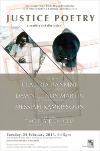 Justice Poetry: Readings and Discussion with Claudia Rankine, Dawn Lundy Martin, and Messiah Ramkissoon. 